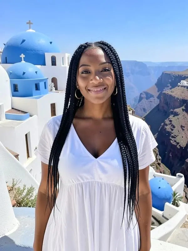 AI model on a Santorini terrace